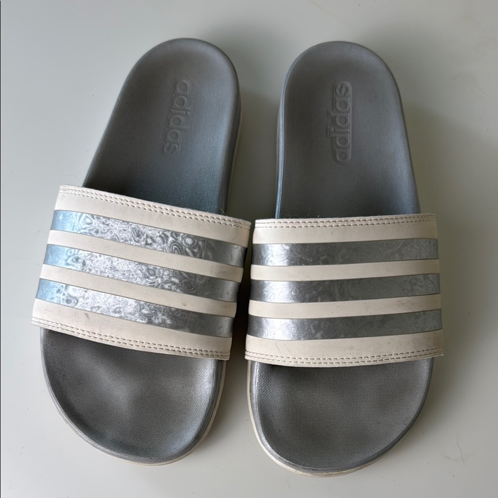 Adidas Silver and White Slide Sandals